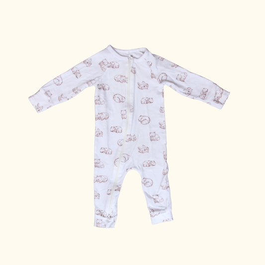 White Zip Onesie with Wombat Print