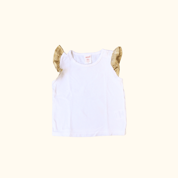 White Sleeveless Top with Golden Shoulder Frills