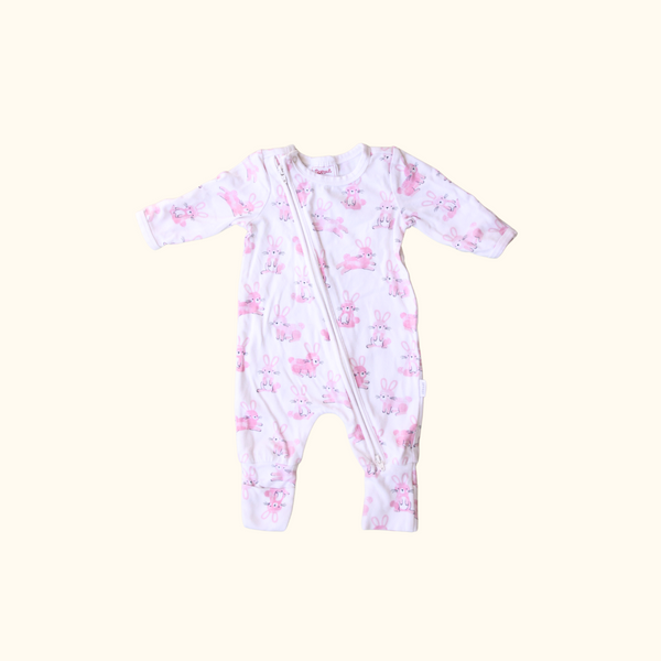 Onesie with Zip and Pink Bunny Print