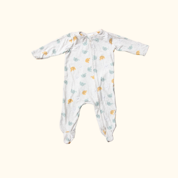 Beige Onesie with Elephant Print in Green and Yellow