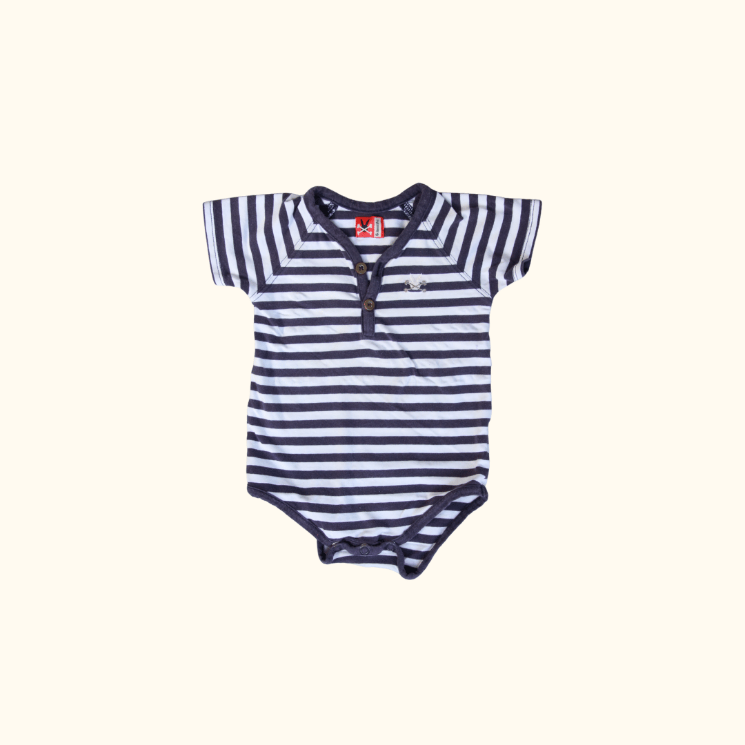 White and Blue Short Sleeve Bodysuit with Stripes