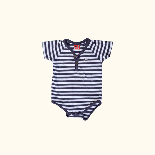 White and Blue Short Sleeve Bodysuit with Stripes