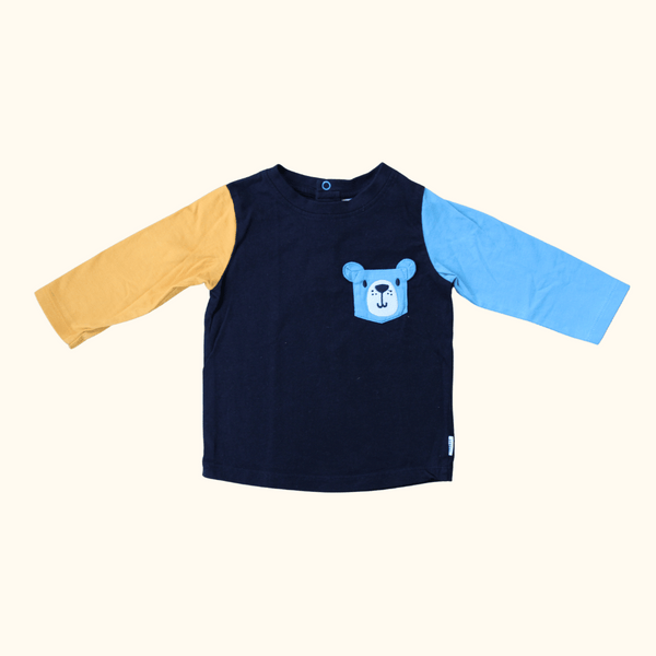 Blue and Yellow Long Sleeve T-Shirt with Bear Pocket